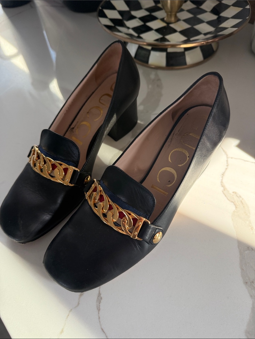Gucci Black Leather Block Heel Loafers with Gold Chain Trim